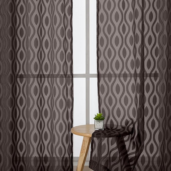 Aiyufeng Sheer Curtains 96 Inches Long for Bedroom and Living Room, 2 Panels, Farmhouse Wavy Line Light Filtering Clip Jacquard Solid, Rod Pocket, Brown, 40" W x 96" L