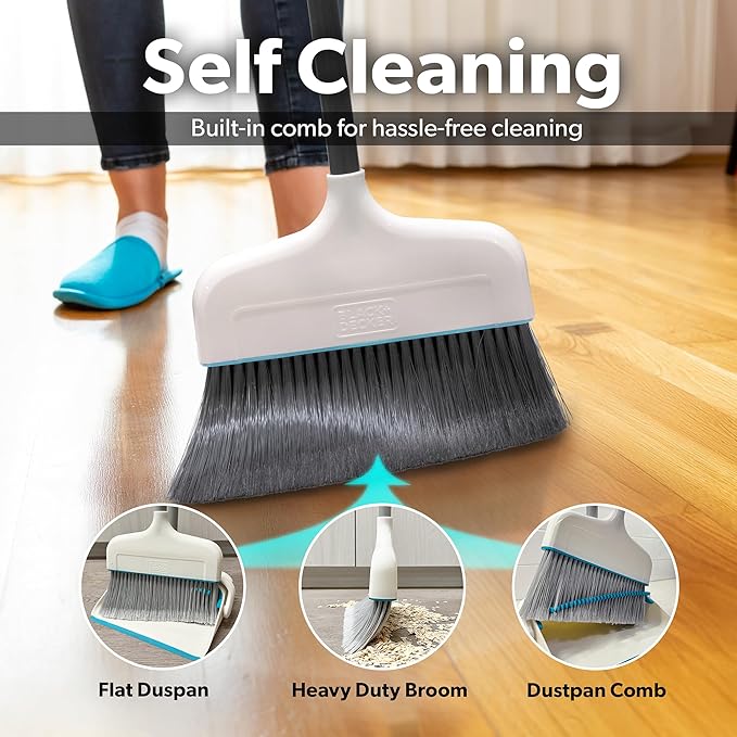 BLACK+DECKER Butler Broom and Dustpan Set for Home, Short Handle, Stand Up and Lightweight Space Saving Dust Pan and Broom Combo for Kitchen, Living Room, Bathroom, Lobby Floor Use