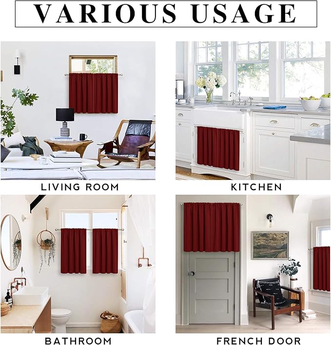RYB HOME Kitchen Curtains 45 inch Length 2 Panels Set, Privacy Assured Drapes Room Darkening Small Window Treatment for Cafe Bathroom, W34 x L45 inch, Burgundy Red