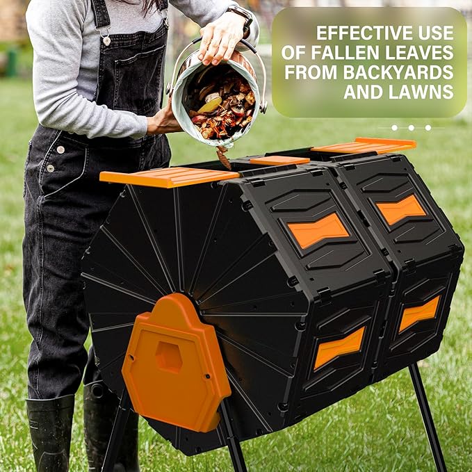 Compost Bin Outdoor, 45 Gallon / 170L Composter Tumbler, 360° Rotating Compost Bin Outdoor, BPA-Free Fast-Working All-Season Heavy-Duty Dual Chamber Compost Tumbler for Garden Kitchen Yard Waste