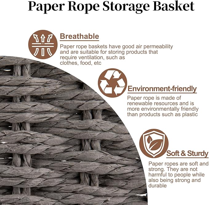 OIAHOMY Toilet Paper Baskets Handmade Paper Rope Decorative Wicker Storage Tank Shelf Cabinet Organizer for Bathroom Home, Set of 2, Grey