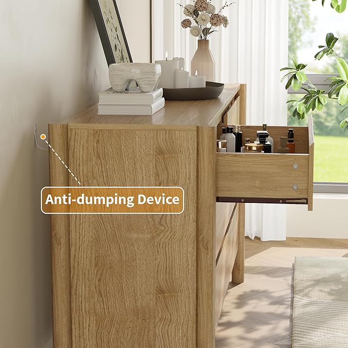 Dresser for Bedroom with 6 Drawers,47" Wide Oak Dresser with 4 Solid Wood Legs, Wooden TV Stand,Closet Clothes Organizer for Bedroom, Hallway