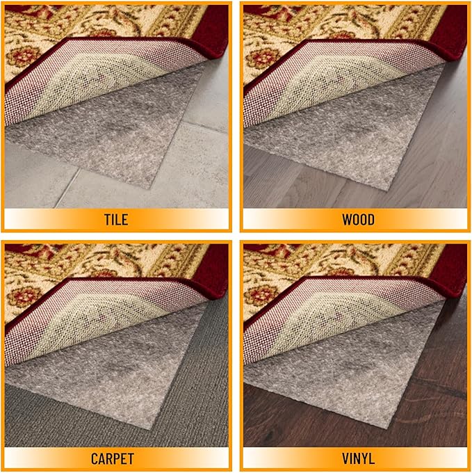 Ottomanson 8' x 11' Non-Slip Rug Pad Gripper 1/4 Inch Thick Dual Surface Felt + Rubber Gripper - Safe for All Floors, Brown