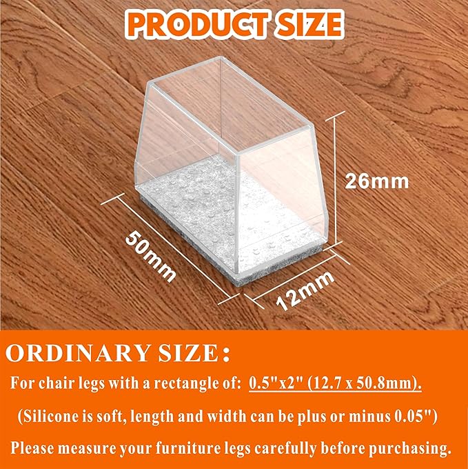 Rectangle Chair Leg Protectors for Hardwood Floors,16 PCS Silicone Covers to Protect Wood Tile Floors Felt Pads Furniture Leg Caps Reduce Noise. Easy to Move.(Clear,0.5 x 2 Inch,Rectangular)