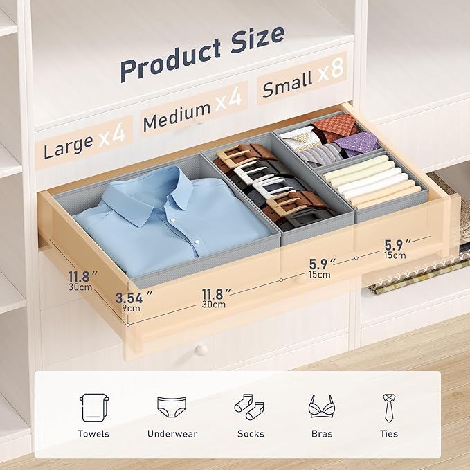 DIMJ Drawer Organizer Clothes - 16 Pack Baby Dresser Organizer for Nursery, Foldable Drawer Organizer Bins for Closet Bedroom Organization, Fabric Clothes Storage Dividers for Underwears, Socks, Bras