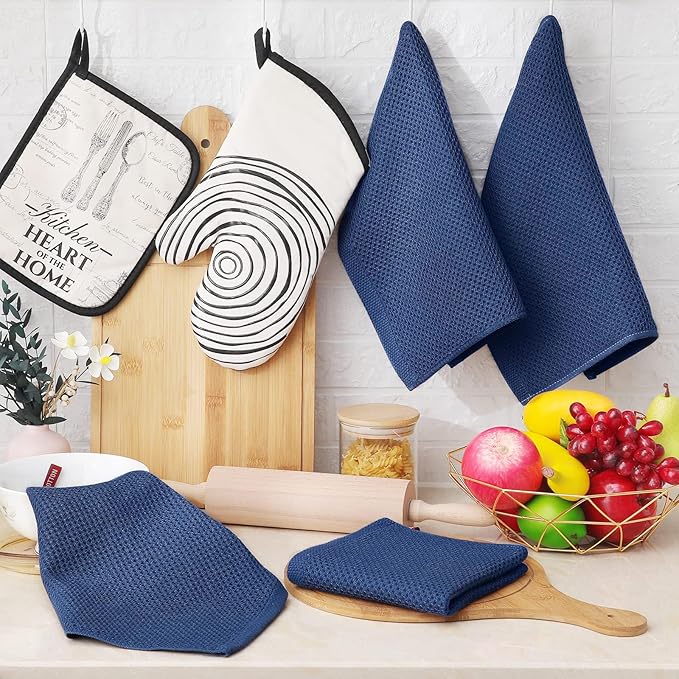 Homaxy 100% Cotton Waffle Weave Kitchen Dish Cloths, Ultra Soft Absorbent Quick Drying Dish Towels, 12 x 12 Inches, 12-Pack, Navy Blue