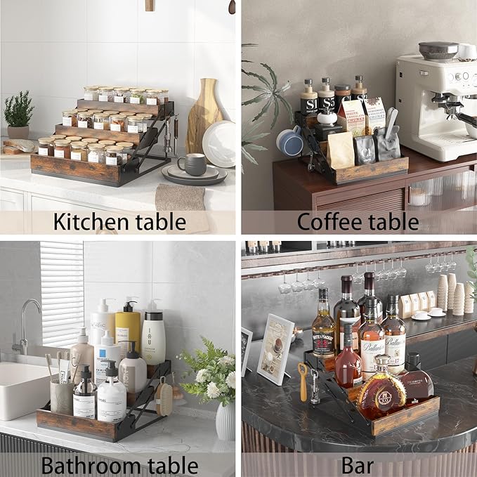 3 Tier Spice Rack Organizer for Cabinet, Foldable Spice Rack for Countertop, Cabinet Drawers Rustic Wooden Seasoning Spice storage for Kitchen Station, Pantry, Home - 1PC