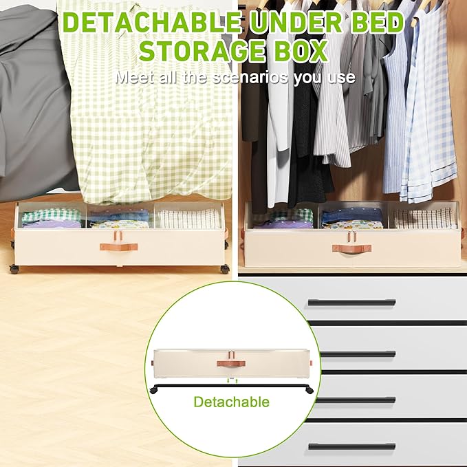 Under Bed Storage with Wheels, 2-Pack Under Bed Storage Containers with Clear Lids, XXL 65L Under the bed storage Organizer Bins, Rolling Under Bed Metal Drawer for Clothes,Shoes,Toys (White, 2-Pack)