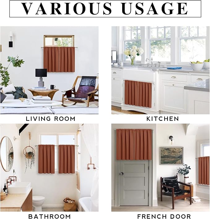 RYB HOME Small Curtains Blackout - Privacy Energy Efficiency Mini Curtains for Kids Bedroom RV Camper Windows Trailer Bathroom Kitchen Cabinet Door Window, W 29 x L 36, Burnt Orange, 2 Panels