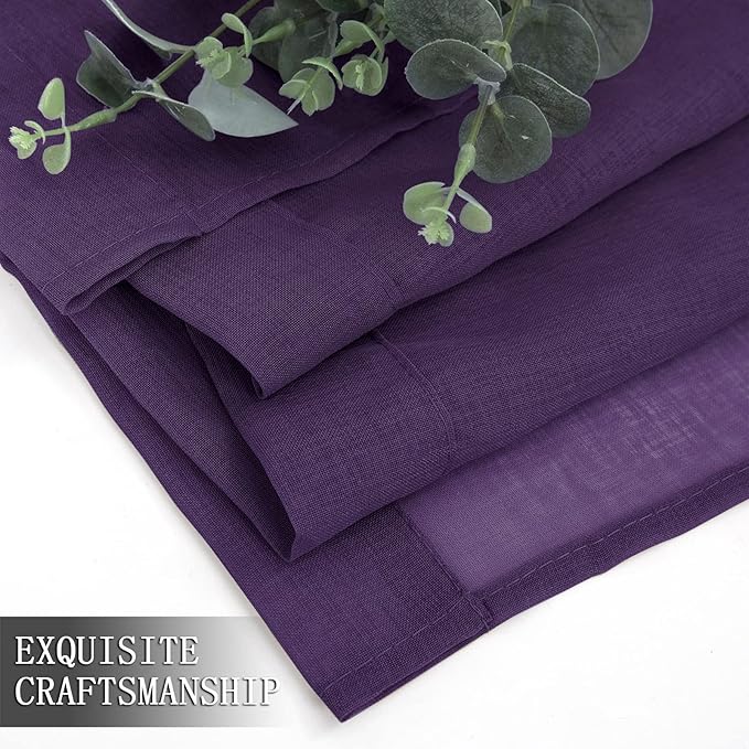 Tollpiz Short Sheer Curtains Linen Textured Living Room Curtain Sheers Light Filtering Rod Pocket Voile Curtains for Bedroom, 42 x 45 inches Long, Royal Purple, Set of 2 Panels