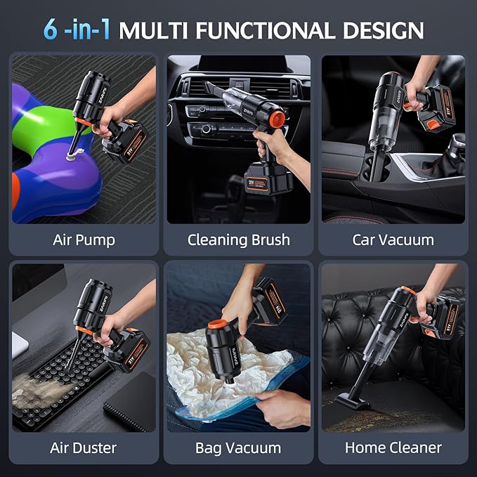 Car Vacuum Portable Cordless, 40,000Pa High Power Dust Buster, 6-in-1 Handheld Vacuum Cleaners for Home, Car, Pet Hair, Keyboard, Black