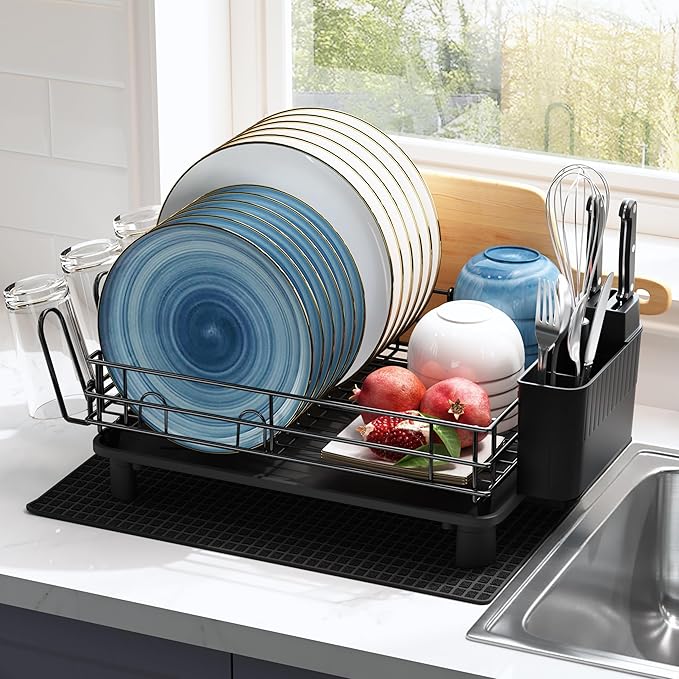 JASIWAY Stainless Steel Black Dish Drainers Drying Rack for Kitchen Counter with Drainboard, Rust Proof Metal, Space Saving, Modern Aesthetic, Compact Plates Dryer Strainers with Tray and Extra Mat