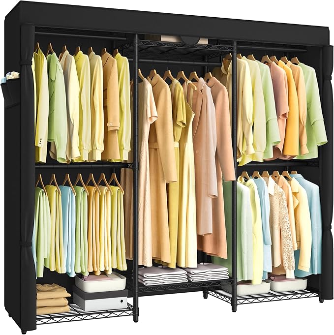 SONGMICS Heavy-Duty Clothes Rack, Garment Rack, Portable Closet, 68.7-Inch Wide Clothing Rack with Adjustable Mesh Shelves and Hanging Rails, Ink Black ULGR435B01