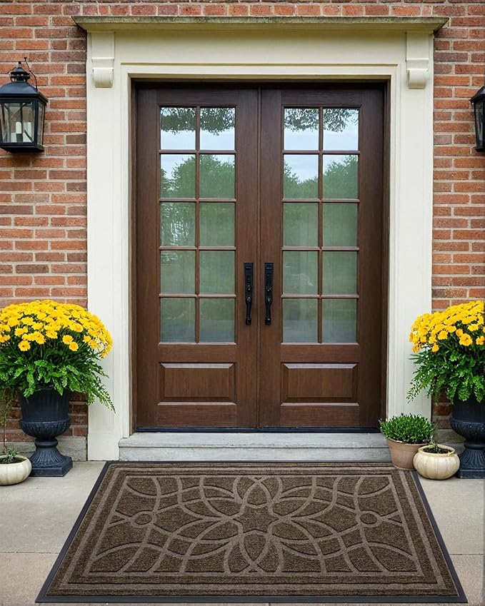 DEXI Front Door Mat Outside Entrance, Heavy Duty Non Slip Low Profile Doormat for Entryway, Trap Dirt and Moisture Welcome Mats, Easy Clean, Patio, Garage, 17x29, Brown