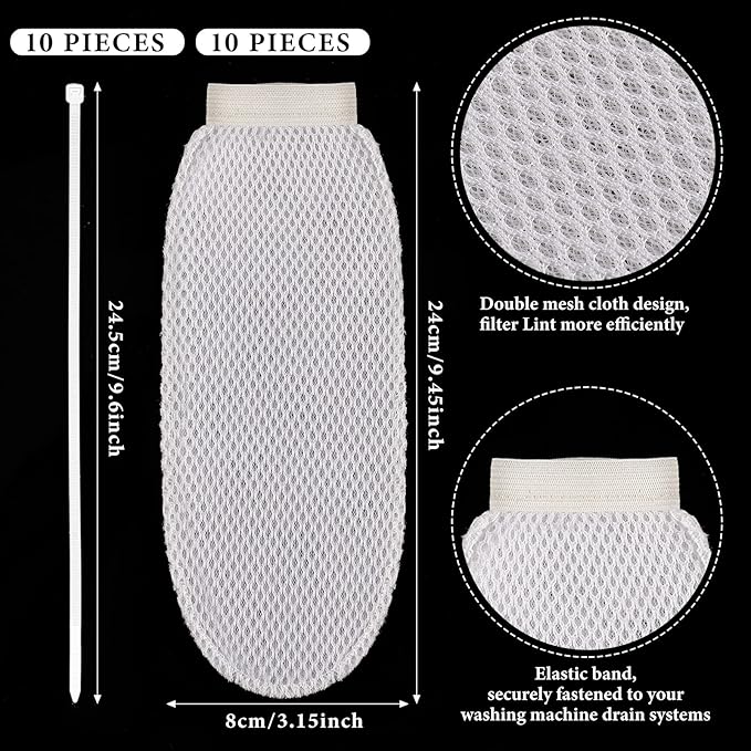 LEIFIDE 10 Pieces Lint Traps for Washing Machine Hose and Cable Ties Set Laundry Lint Catcher Nylon Mesh Trap for Washer Hose Fits Most Washing Machines, White