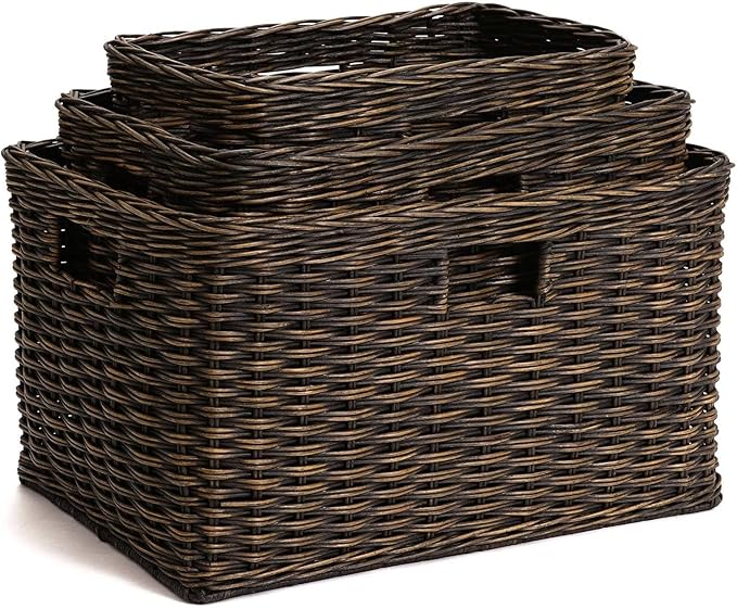 The Basket Lady Tall Rectangular Wicker Storage Basket, Large, 22.5 in L x 16 in W x 12.5 in H, Antique Walnut Brown