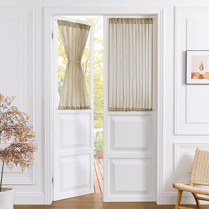 Tollpiz Short Sheer Door Curtains Closet Linen Textured Curtains Sheer Doorway Light Filtering Voile Patio Glass Door Rod Pocket Curtain French Door, 54 x 40 inches Long, Taos Taupe, Set of 1 Panel