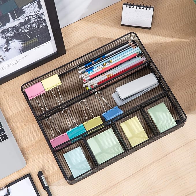 Amazon Basics Desk Drawer Organizer for Office and Home, Metal Mesh, Anti-Slip, 6 Compartments, Black