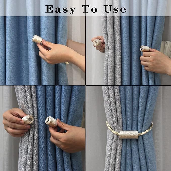 6 Pack Beige Strong Magnetic Curtain Tiebacks Outdoor Elegant Decorative Tie Backs Modern Rope Tiebacks for Drapes Window Curtain Holdbacks for Draperies