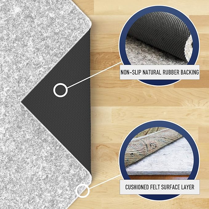 RUGPADUSA - Dual Surface - 6' Round - 1/4" Thick - Felt + Rubber - Non-Slip Backing Rug Pad - Safe for All Floors