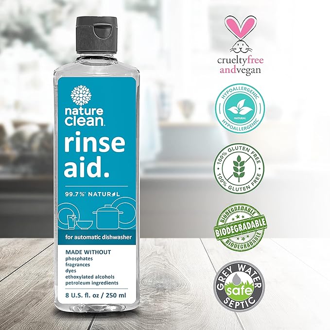 Nature Clean All Natural Dishwasher Rinse Aid Cleaner, Liquid Dishwasher Rinse Agent for Spot-Free Glass & Cutlery in Hard Water, Non Toxic Dish Washer Rinse Aid & Stain Remover, 8 oz/250ml, Pack of 3
