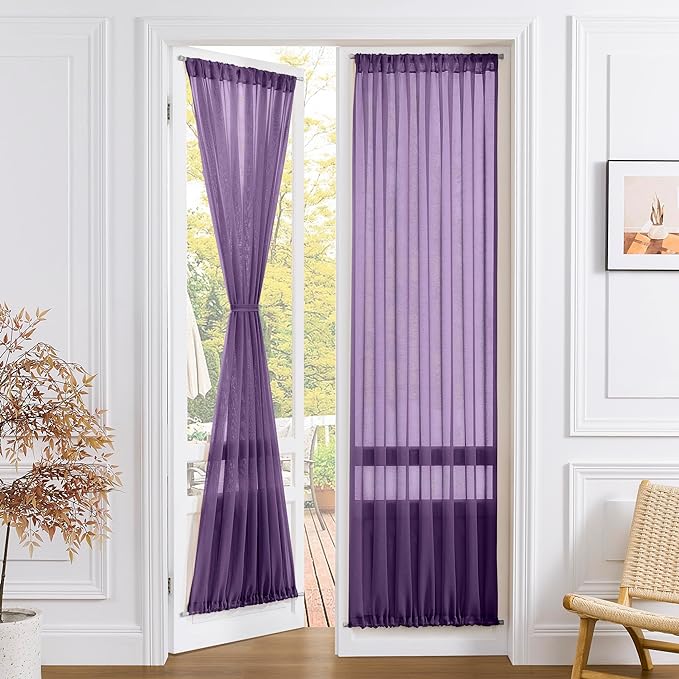 Tollpiz Sheer Curtains Closet Linen Textured Curtain Sheers Doorway Light Filtering Voile Patio Glass Door Rod Pocket Curtains French Door, 54 x 80 inches Long, Royal Purple, Set of 1 Panel