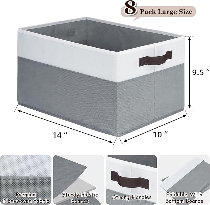 Criusia Large Storage Baskets 8 Pack Versatile Fabric Storage Bins for Closet Cabinet Wardrobe Nursery Pantry | Nursery Organizer Bins for Baby Diaper Toys Clothes | Housewarming Mothers Day Gift