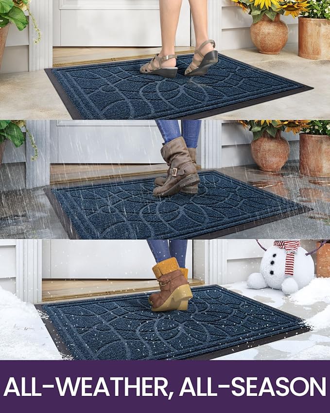 DEXI Front Door Mat Outside Entrance, Heavy Duty Non Slip Low Profile Doormat for Entryway, Trap Dirt and Moisture Welcome Mats, Easy Clean, Patio, Garage, 17x29, Blue