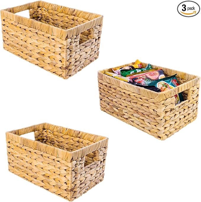 Set of 3 Water Hyacinth Storage Baskets – Wicker Baskets for Shelves, Decorative Woven Organizer Bin for Bathroom, Closet, or Pantry (3-Pack Medium)