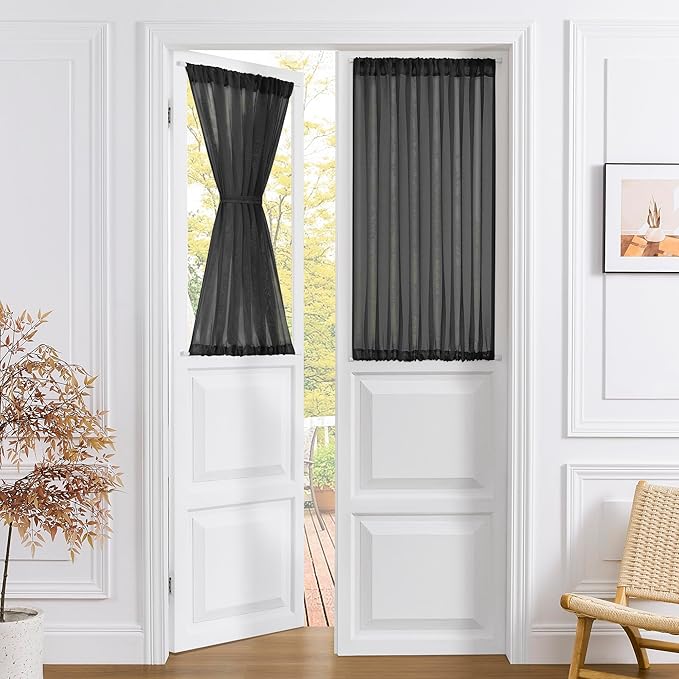 Tollpiz Small Sheer Curtain Linen Textured Curtain Sheers Doorway Light Filtering Voile French Door Rod Pocket Curtains Patio Glass Door, 25 x 40 inches Long, Black, Set of 1 Panel