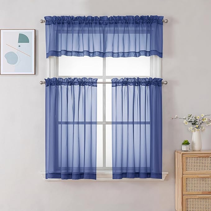 Chyhomenyc Sheer Valances for Windows 2 Pack, Small Window Curtains for Living Room Bathroom Cafe Laundry Basement, Modern Top Dual Rod Pocket Voile Curtain, 42W x 18L inches, Royal Blue