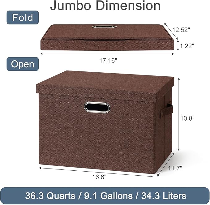 Large 17" 36 Quart Collapsible Stackable Storage Bins with Lids, 3 Packs Dark red Foldable Fabric Closet Storage Boxes with Lids, Heavy-duty Linen Cube Baskets(17x12x11)