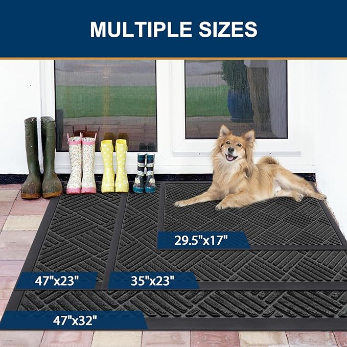Smiry Front Door Mat Outside Entrance, Heavy Duty Outdoor Indoor Natural Rubber Doormat, Non Slip, Trap Dirt and Moisture, Easy Clean, Low Profile Patio Porch Entryway Mat, 47x17, Black