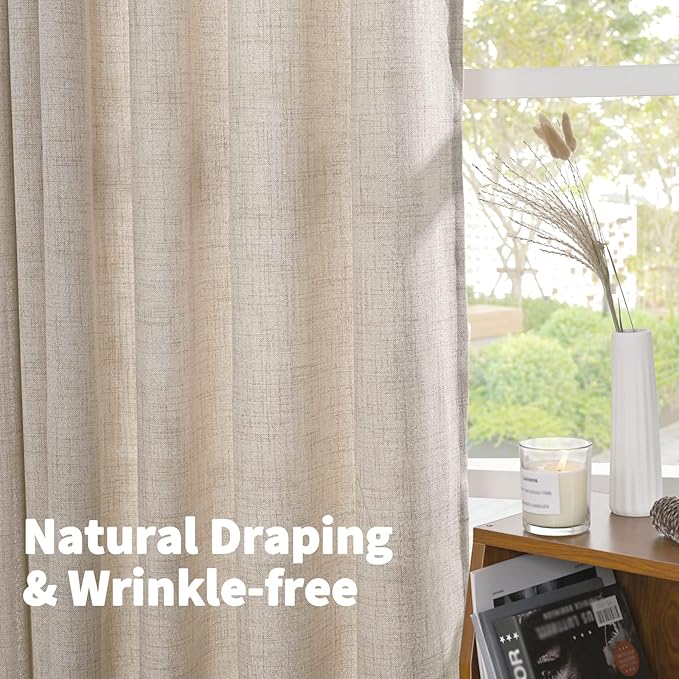 YoungsTex Linen Curtains 48 Inch Length for Kitchen Window, Short Natural Semi Sheer Drapes with Rod Pocket Back Tab for Living Room Bedroom Cafe Bathroom Light Filtering, 2 Panels, 42 X 48 Inch
