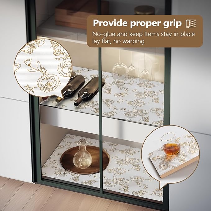 Shelf Cabinet Liner for Kitchen- Non Adhesive Drawer Liner Refrigerator Liner, Premium Waterproof Shelf Paper Protect Surface, Non Slip Easy to Clean Durable EVA Material, Gold Roses, 18 in x 30FT