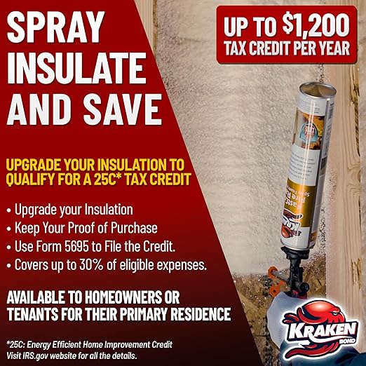 Kraken Bond Fastcoat Fire Rated Spray Foam Insulation Kit Closed Cell in a Can 40 sq ft (2x27.1 oz.) (R-Value 11.32 / 2in) - Spray Foam for Garage Door, Attic, Wall Gun & Cleaner Included, 2 Pack