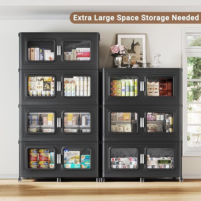 BROVIEW 880 Qt Stackable Storage Bin with Lid, 220Gal Extra Large Collapsible Storage Boxes, Folding Plastic Drawer, Heavy-Duty Store Cabinet, Closet Organizer for Home Kitchen, 4 Pack Black