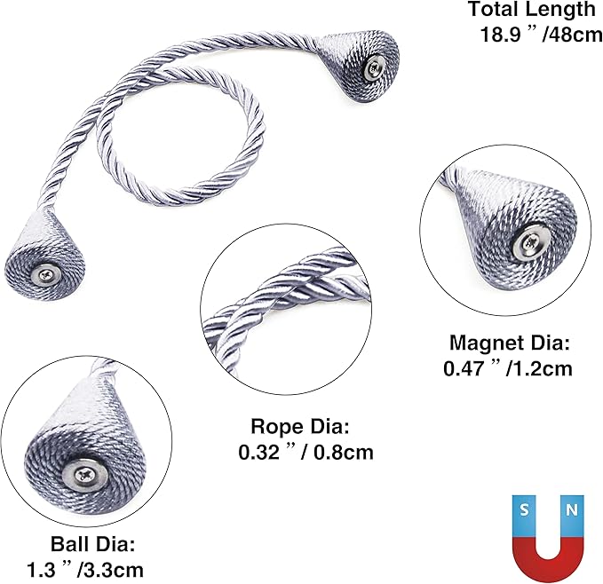 6 Pack Magnetic Curtain Tiebacks Rope Modern Handmade Curtain Tie Backs Decorative Drapes Weave Holdbacks for Window Décor, Grey