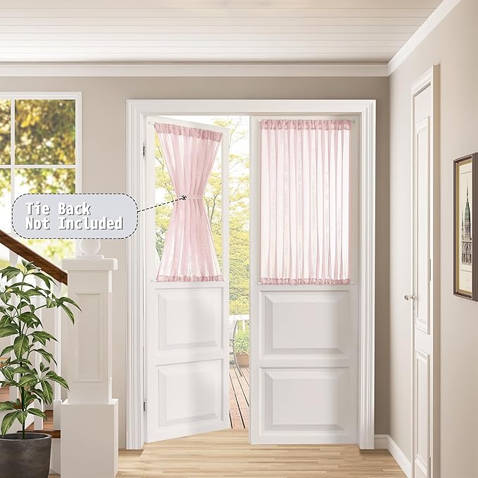 Tollpiz Short Sheer Door Curtain Closet Linen Textured Curtain Sheers Doorway Light Filtering Voile Patio Glass Door Rod Pocket Curtains French Door, 54 x 54 inches Long, Pink, Set of 1 Panel