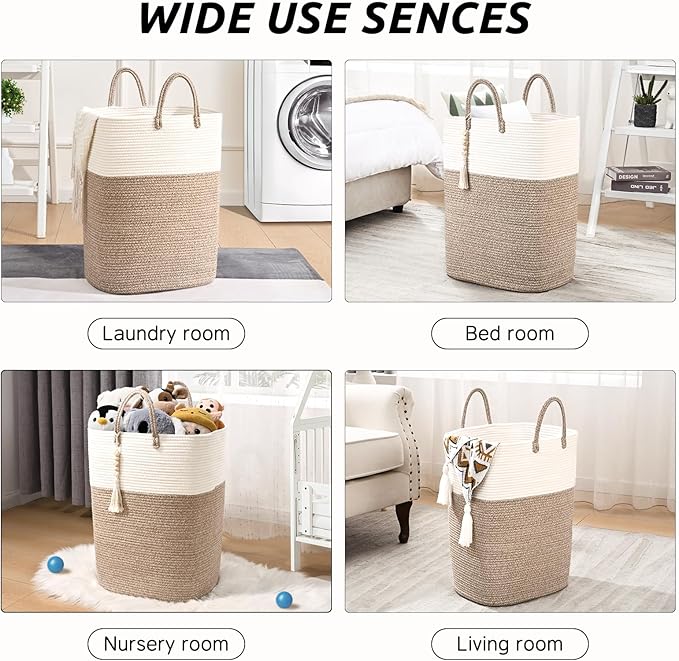 Woven Laundry Basket for Clothes, 80L Large Rectangle Laundry Hampers with Beads Tassel, Nursery Storage Basket for Toys, Tall Dirty Clothes Hamper for Bedroom Aesthetic, Laundry Room Organization
