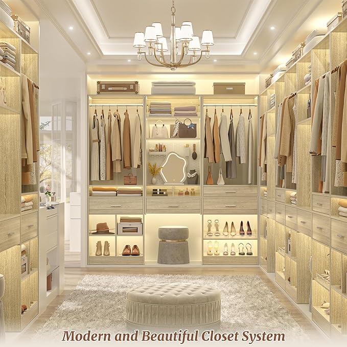 Unikito 75” Modular Closet System, Freestanding Closet Organizer with Hanging Rods, Drawers, Adjustable Clothes Garment Rack with Shoe Rack, Sturdy Walk in Closet Set for Bedroom, Mudroom, White Oak