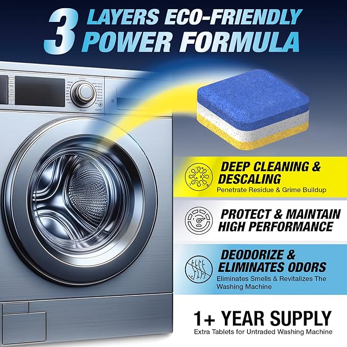 Washing Machine Cleaner Tablets 56 Pack for HE Front Loader - Eco Friendly Washer Machine Cleaning Tablets - 3 Layers Septic Safe Wash Machine Full Deodorizer Descaler Protector - 2 Plus Year Supply