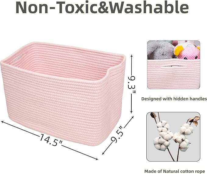 Cotton Rope storage Basket Bins Woven Basket for Organizing Shelves Rectangle Decorative Baskets For storage Clothes Toys Books Towels Square Wicker Nursery basket organizer 3 pack light pink