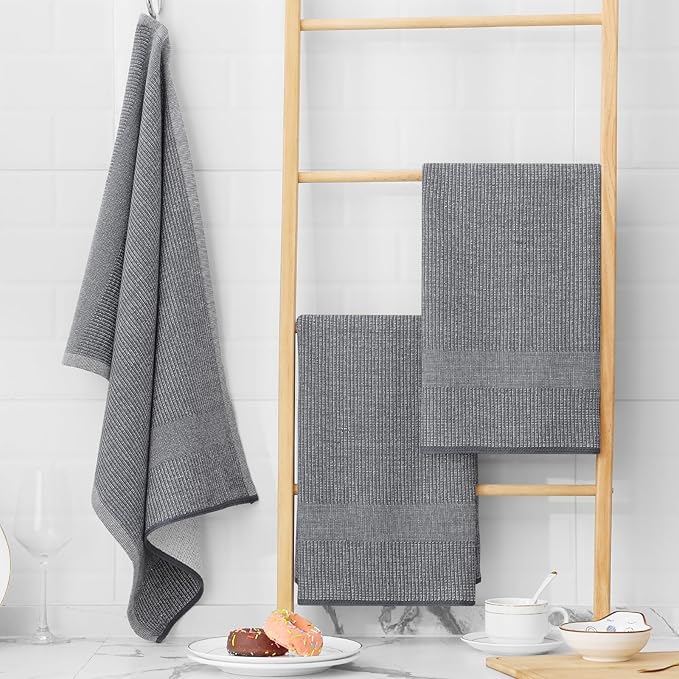 Homaxy Premium Kitchen Towels(18”x 28”, 12 Pack), Large Cotton Kitchen Hand Towels, Flat and Terry Dish Towels, 380 GSM Highly Absorbent Tea Towel Set with Hanging Loop, Grey