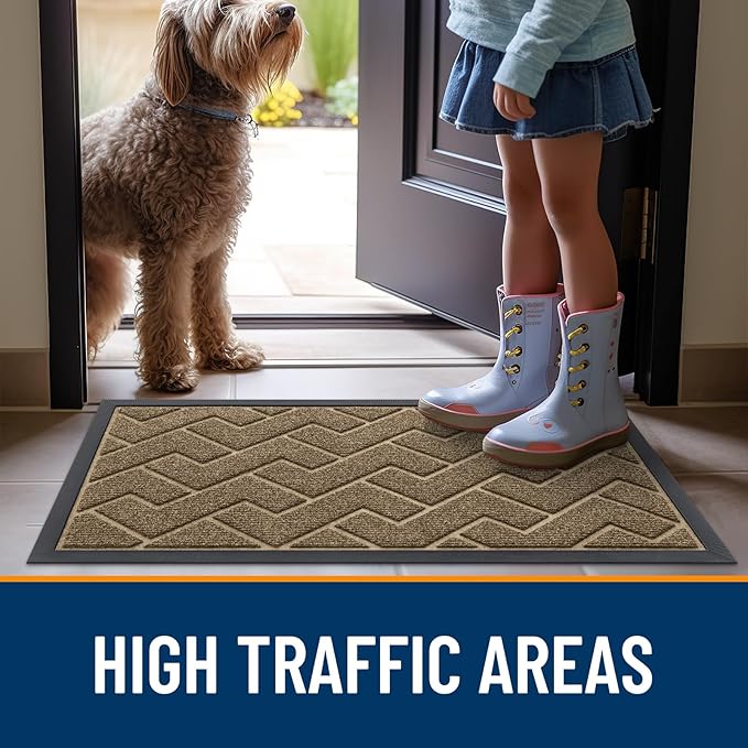 OLANLY Front Door Mat Indoor Outdoor Entrance, Waterproof All-Season, All-Weather Doormat, Sturdy Natural Rubber, Low Profile, Easy Clean Patio Porch Entryway Mat, Herringbone Brick (Brown, 36x24)