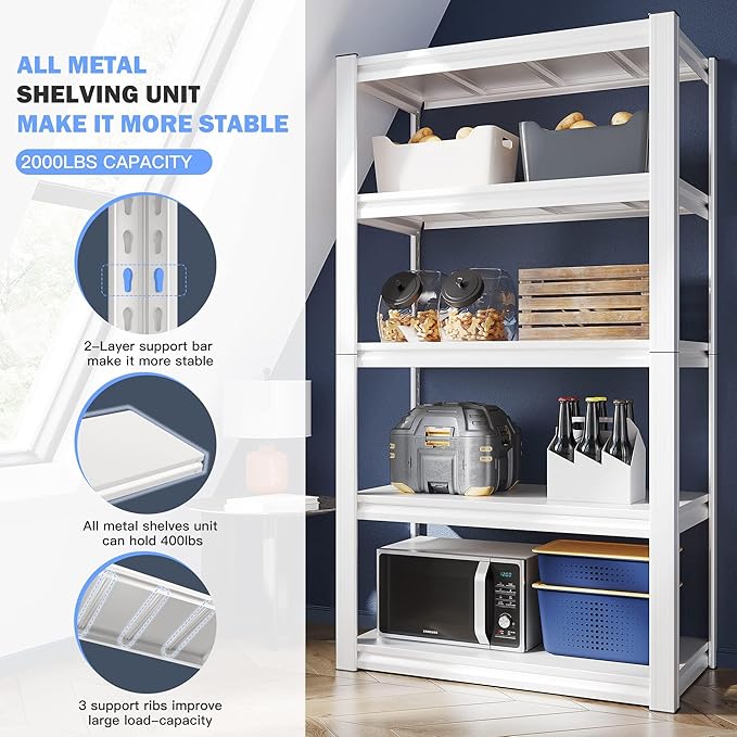 Raybee 5 Tier White Metal Heavy Duty Garage Shelving Unit 2000LBS Storage Shelves