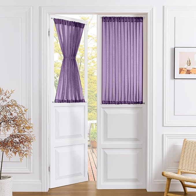 Tollpiz Short Sheer Door Curtains Closet Linen Textured Curtains Sheer Doorway Light Filtering Voile Patio Glass Doors Rod Pocket Curtain French Door, 54 x 40 inches Long, Royal Purple, Set of 1 Panel