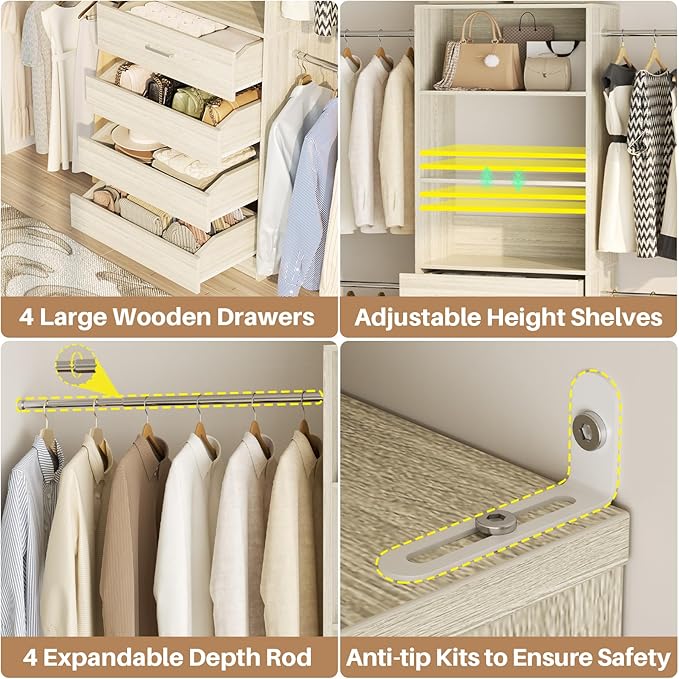 Aheaplus Closet System, 4-9Ft Closet Organizer with 4 Wooden Drawers, Wood Closet Organizer System with Tower, Walk-in Closet Organizer Wardrobe Garment Clothes Rack with 4 Hanging Rods, 2White Oak