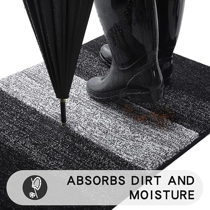 Kitinjoy Indoor Outdoor Door Mat, 32x20 Non-Slip Absorbent Dirt Trapper, Low-Profile Washable Inside Entrance Front Floor Mat, Sturdy Soft Entry Doormats for Entryway, Black