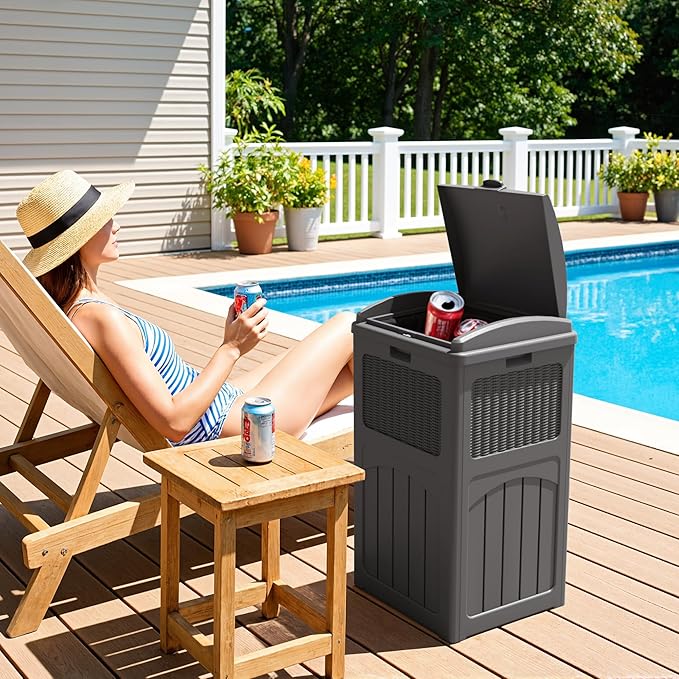 Greesum 33 Gallon Outdoor Trash Can with Lid, Waterproof Resin Garbage Bin for Hideaway, Deck, Patio, 3 Pack, Gray
